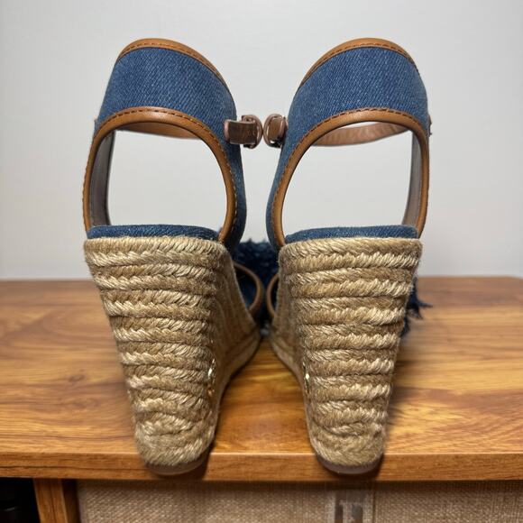 Tory Burch Women's 8 Shaw Blue Denim Royal Tan Espadrille Wedge Sandals N3874 - Picture 8 of 9